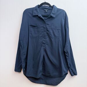 Lands End Women’s  Navy Blue Tunic Top Cotton 1/2 Button Collared Popover Blouse